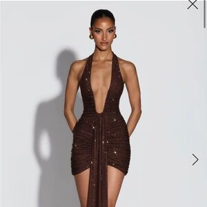 Rosetta Mini Sparkle Plum Brown Deep V-Neck Mini Dress; Babyboo